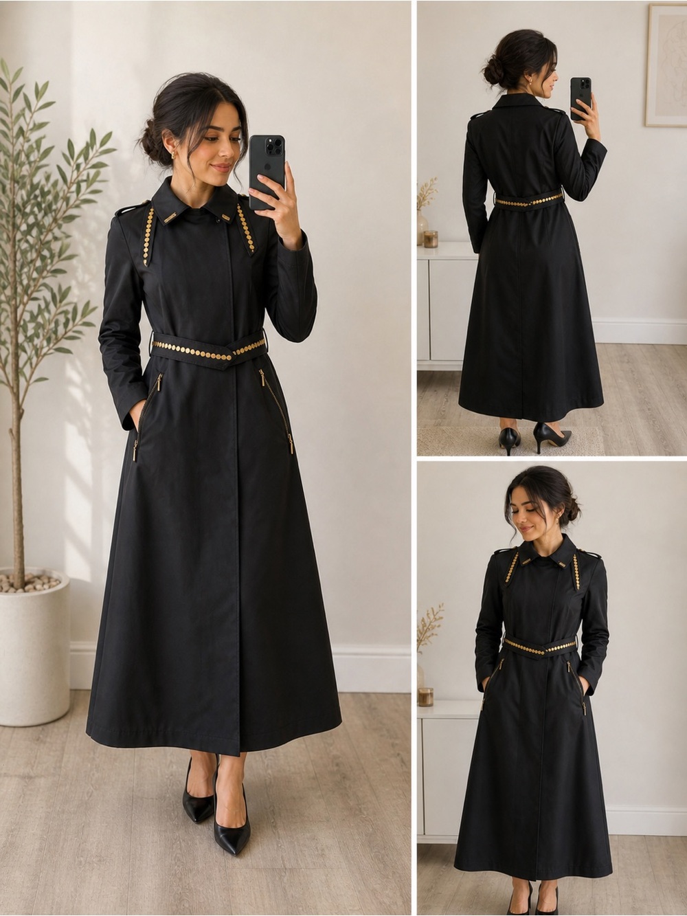 ARMINE Black Trench Coat Size 36 (US Small) Gold Stud Belt Long Jacket Modest